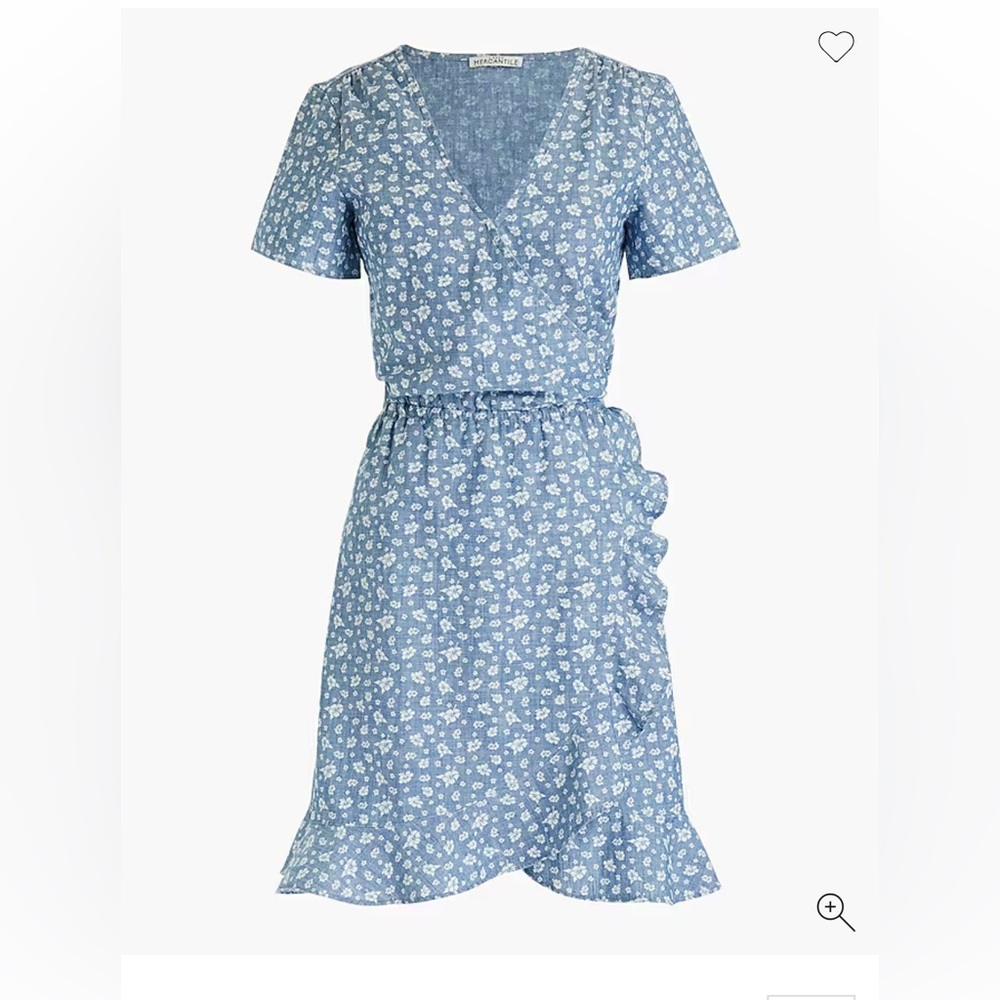 New J. Crew Printed chambray ruffle faux-wrap dress